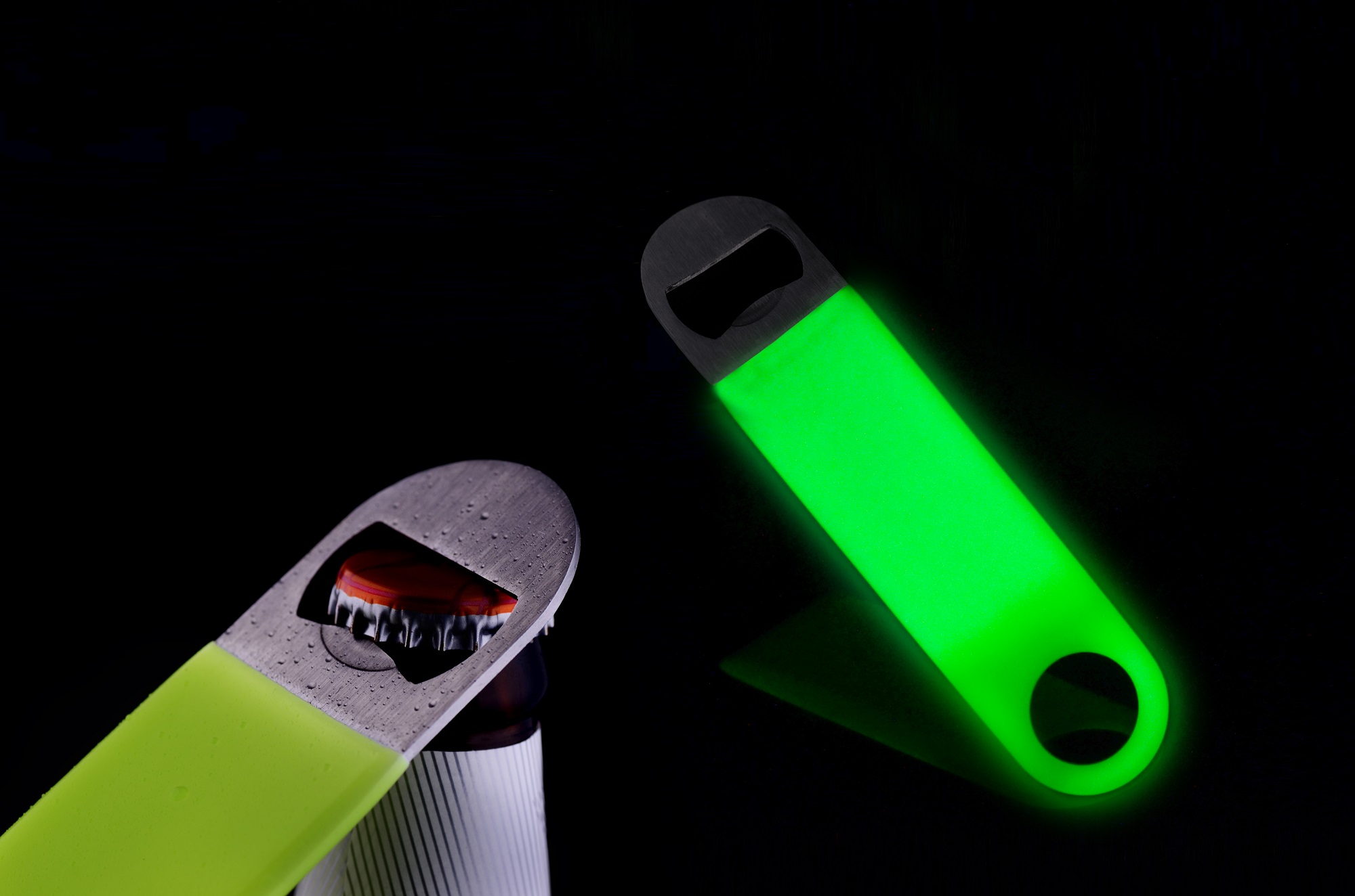 Bottle Opener - Stainless Steel - Removes Bottle CAPS and Pries Open Jars - Glow in the Dark Plastic