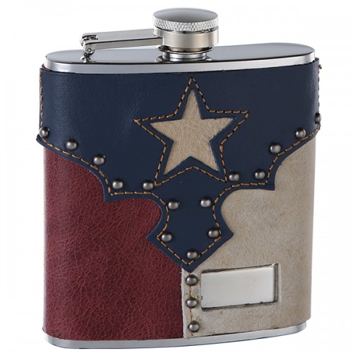 ''Genuine Top Grain Leather Hip Flask Holding 6 oz - Texas Pride Design - Pocket Size, Stainless Stee