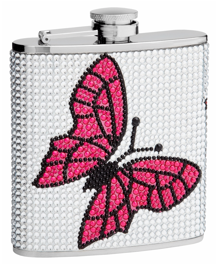 ''Genuine Rhinestones Hip Flask Holding 6 oz - Butterfly Design - Pocket Size, Stainless Steel, Rustp