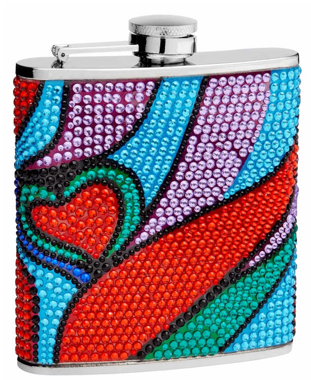 ''Hip Flask Holding 6 oz - Rhinestone Heart Pattern Design - Pocket Size, Stainless Steel, Rustproof,