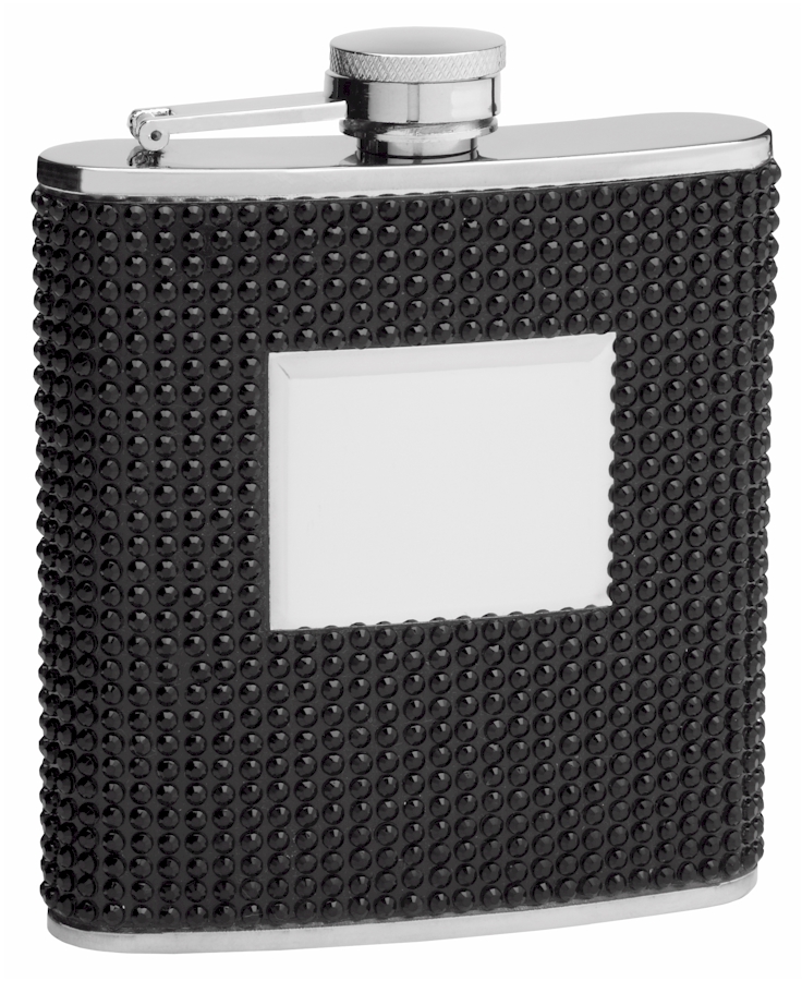 ''Hip Flask Holding 6 oz - Beaded Rhinestone Design - Pocket Size, Stainless Steel, Rustproof, Screw-