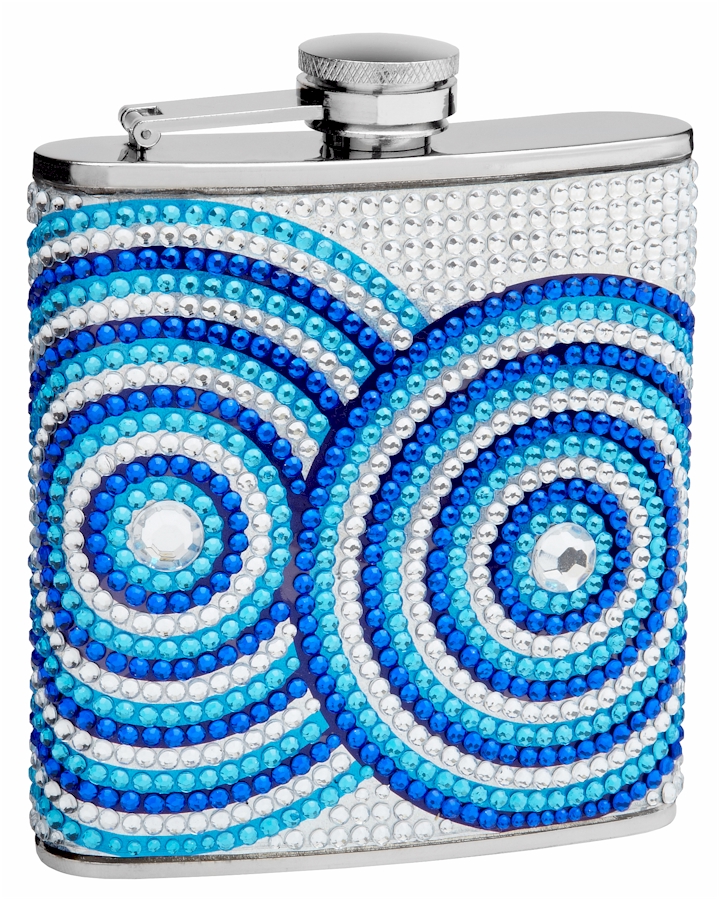 ''Hip Flask Holding 6oz - Circle Pattern Rhinestone Design - Pocket Size, Stainless Steel, Rustproof,