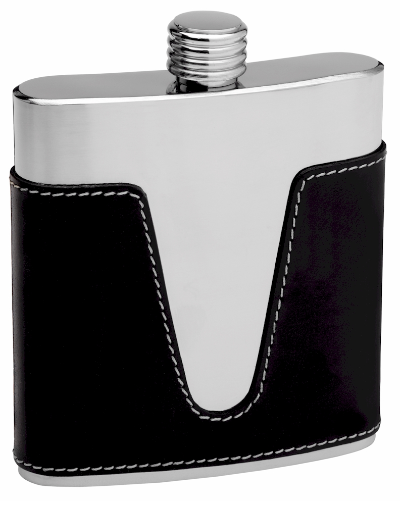 ''LEATHER Hip Flask Holding 6 oz - V Cutout Design - Pocket Size, Stainless Steel, Rustproof, Screw-O