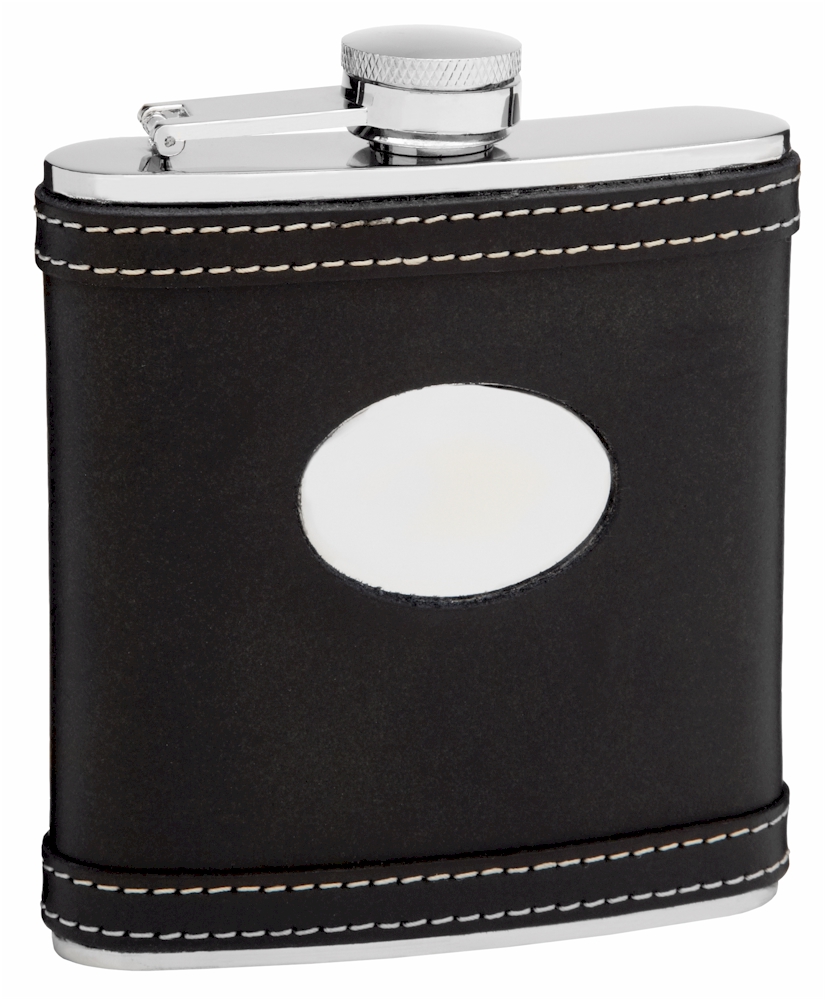''LEATHER Hip Flask Holding 6 oz - White Accent Stitching Design - Pocket Size, Stainless Steel, Rust