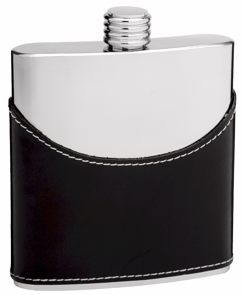 ''Cow Leather Hip Flask Holding 6 oz - Pocket Size, Stainless Steel, Rustproof, Screw-On Cap - Black 
