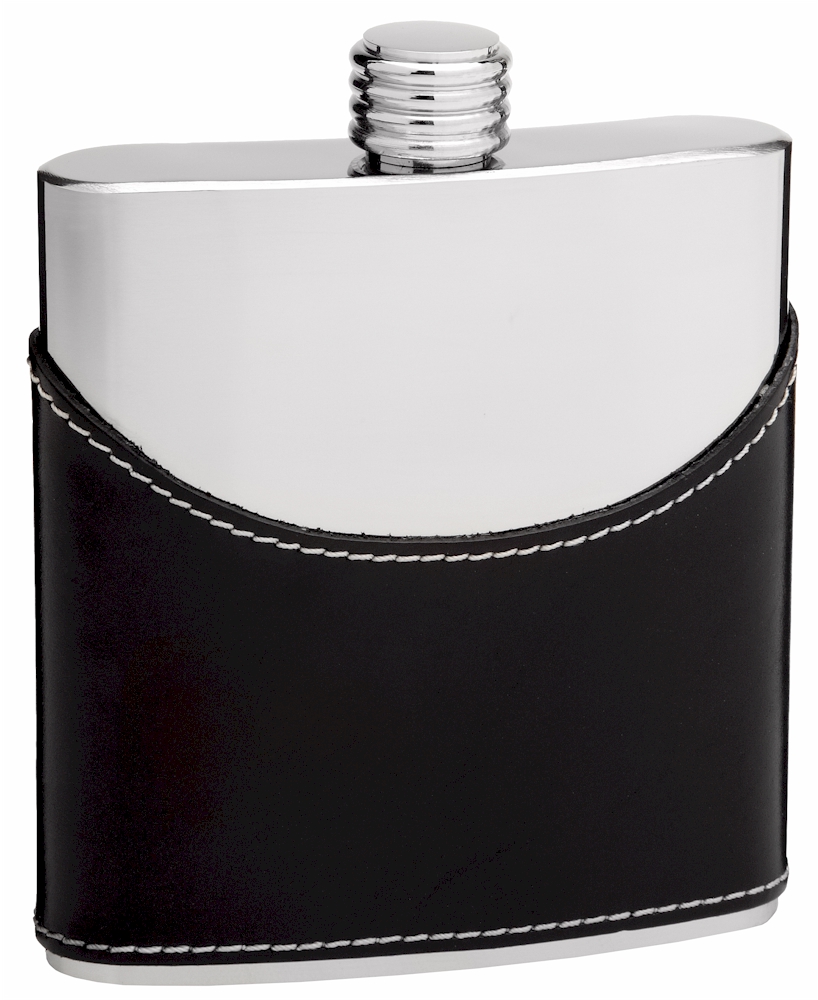 ''Cow Leather Hip Flask Holding 6 oz - Pocket Size, Stainless Steel, Rustproof, Screw-On CAP - Black 