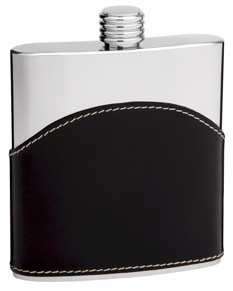 ''Genuine LEATHER Hip Flask Holding 6 oz - Pocket Size, Stainless Steel, Rustproof, Screw-On Cap - Bl