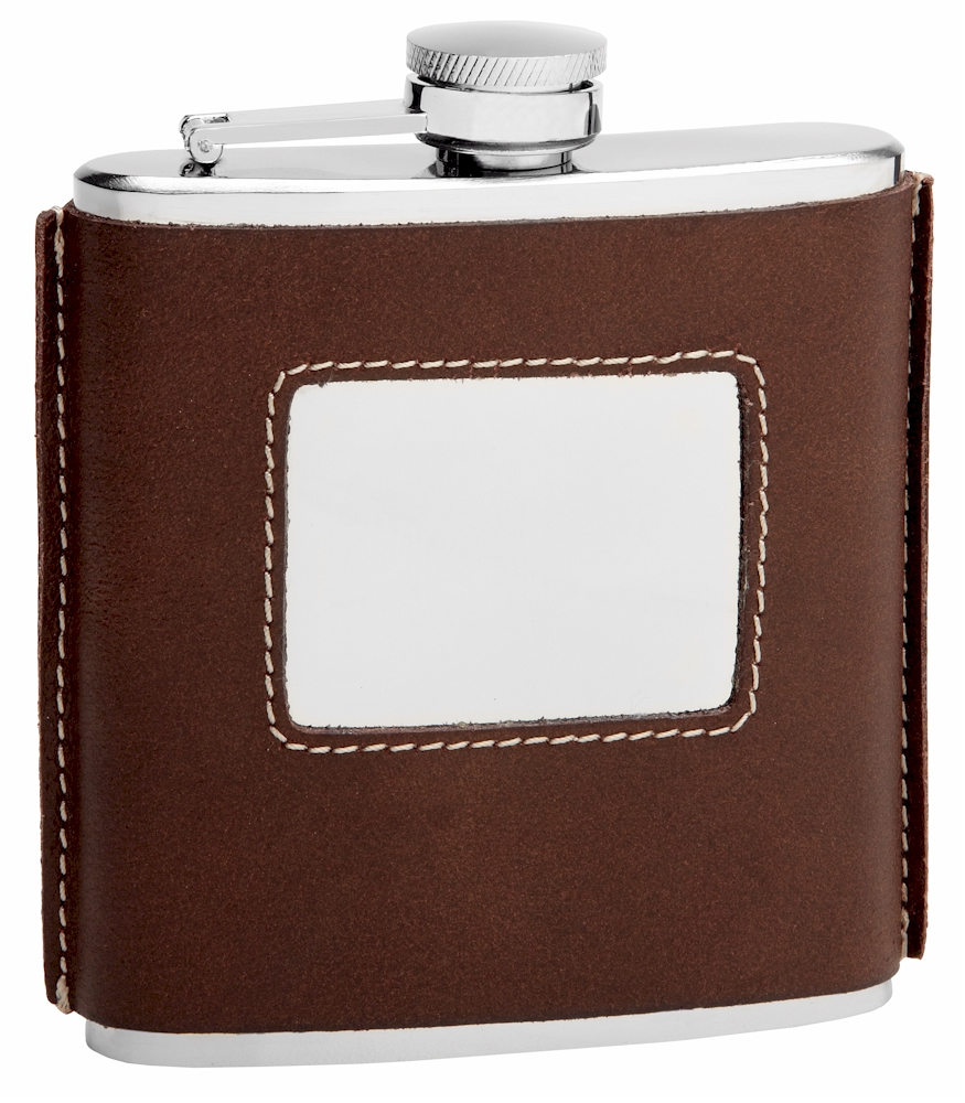 ''Brown  LEATHER Hip Flask Holding 6 oz - Traditional Design - Pocket Size, Stainless Steel, Rustproo