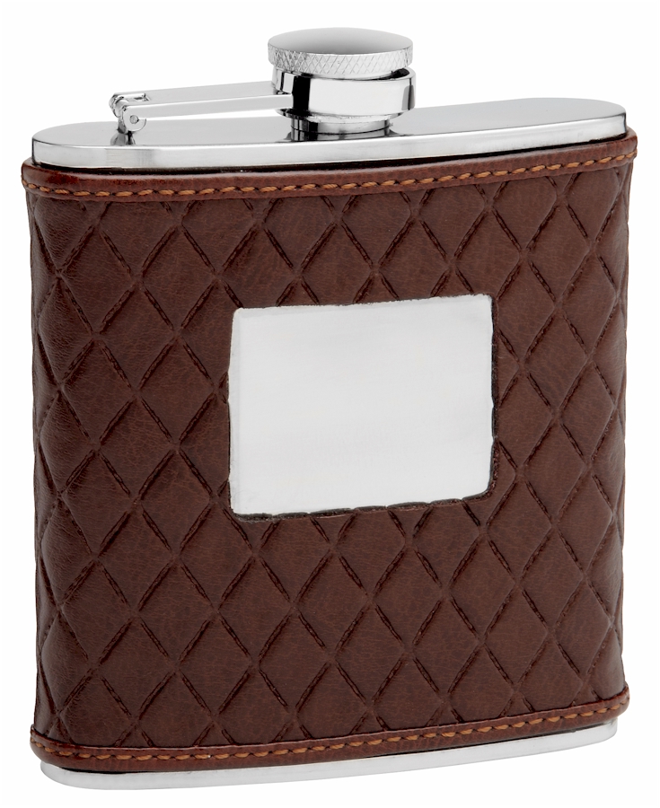 ''LEATHER Hip Flask Holding 6 oz - Quilted Pattern Design - Pocket Size, Stainless Steel, Rustproof, 