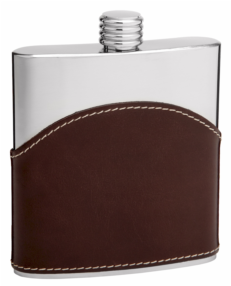 ''Genuine LEATHER Hip Flask Holding 6 oz - Pocket Size, Stainless Steel, Rustproof, Screw-On Cap - Br
