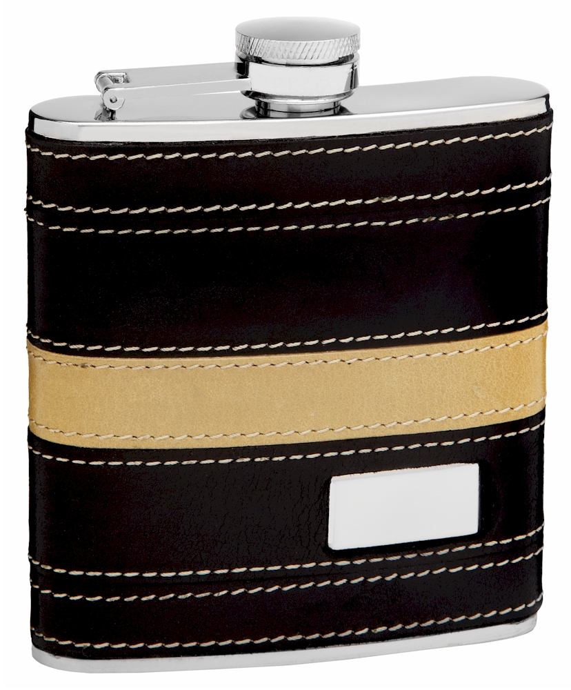 ''Genuine LEATHER Hip Flask Holding 6 oz - Pocket Size, Stainless Steel, Rustproof, Screw-On Cap''