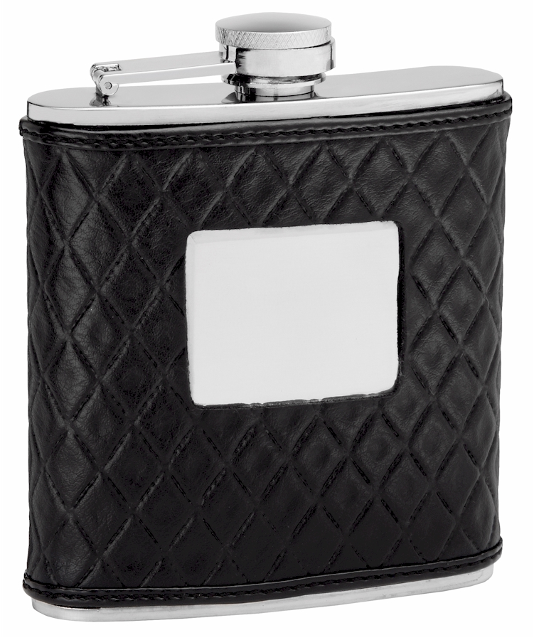 ''Genuine Cow LEATHER Hip Flask Holding 6 oz - Quilted Pattern Design - Pocket Size, Stainless Steel,
