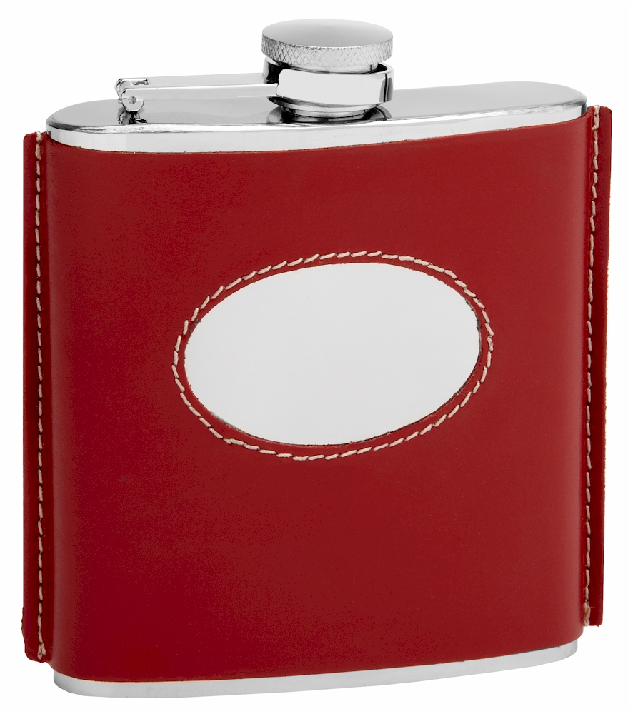 ''Genuine Red Leather Hip Flask Holding 6 oz - VINTAGE 1920 Style - Pocket Size, Stainless Steel, Rus