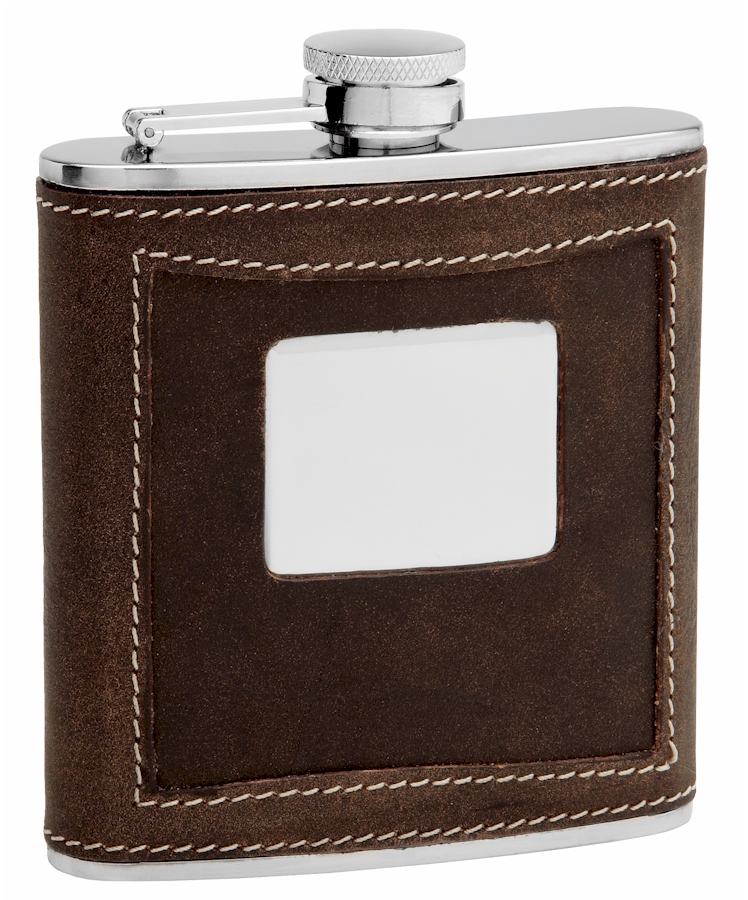 ''Distressed Genuine LEATHER Hip Flask Holding 6 oz - Two-Tone Design - Pocket Size, Stainless Steel,