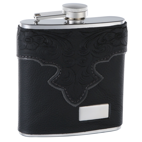 ''Genuine Black LEATHER Hip Flask Holding 6 oz - Classy Embossed Pattern Design - Pocket Size, Stainl