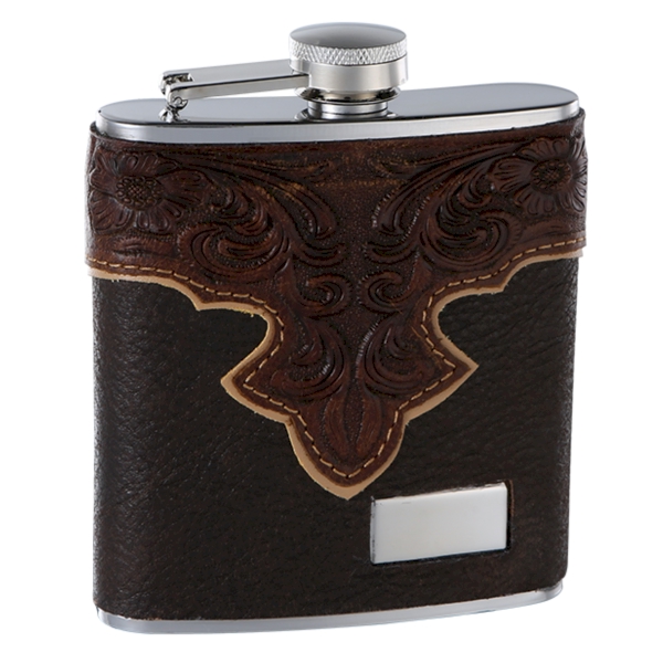 ''Genuine Brown LEATHER Hip Flask Holding 6 oz - Classy Embossed Pattern Design - Pocket Size, Stainl