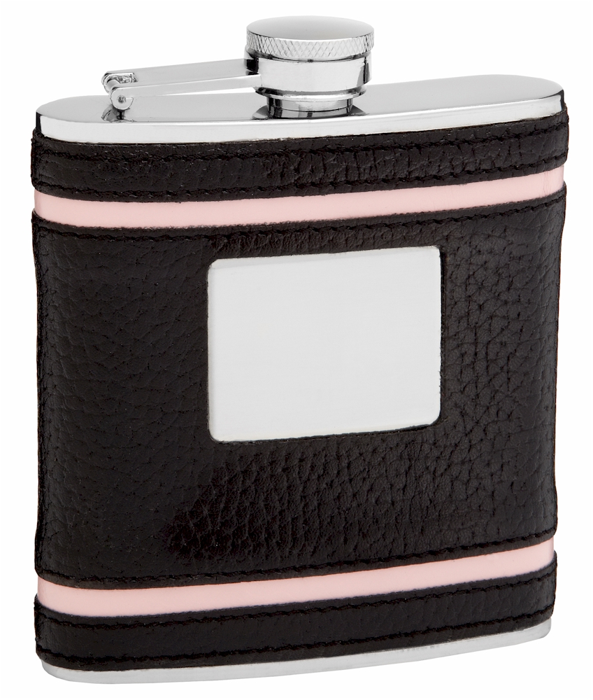 ''Faux LEATHER Hip Flask Holding 6 oz - Pink Accent Lines Design - Pocket Size, Stainless Steel, Rust