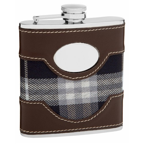 ''Hip Flask Holding 6 oz - Plaid Golf with Faux LEATHER Accents Design - Pocket Size, Stainless Steel