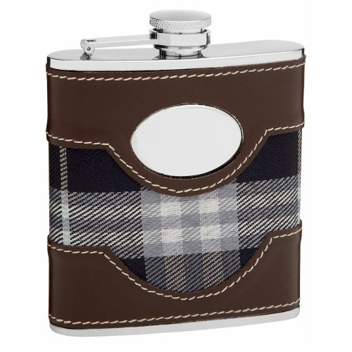 ''Hip Flask Holding 6 oz - Plaid GOLF with Faux Leather Accents Design - Pocket Size, Stainless Steel