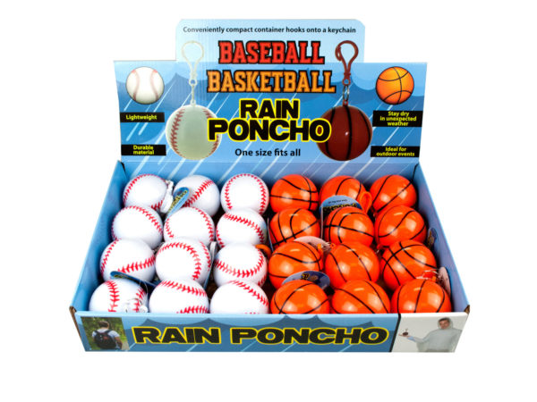 Baseball and BASKETBALL Rain Poncho in Countertop Display.