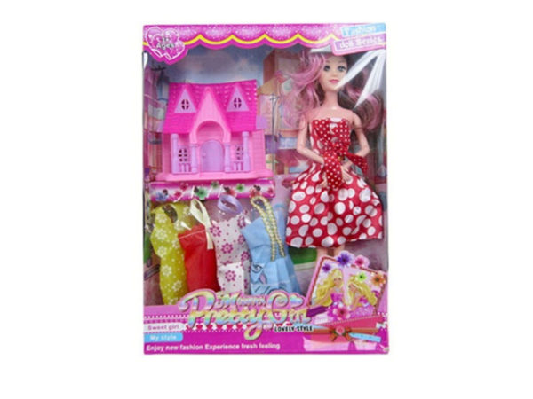 ''11'''' bendable DOLL w/4 extra dresses & play house''