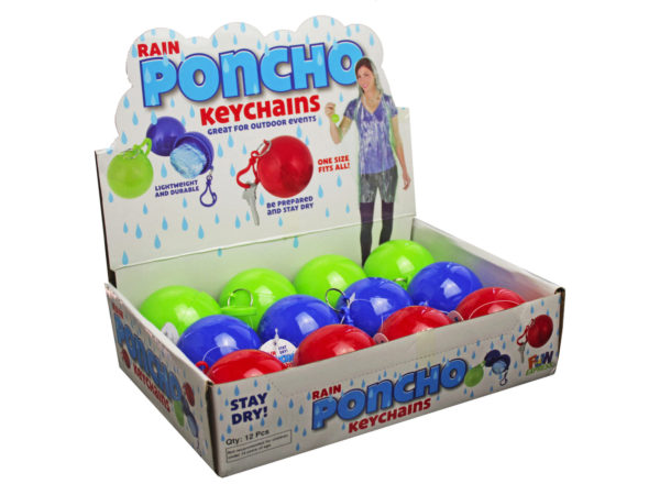 Assorted Color Rain PONCHO Ball Keychain in Countertop Display