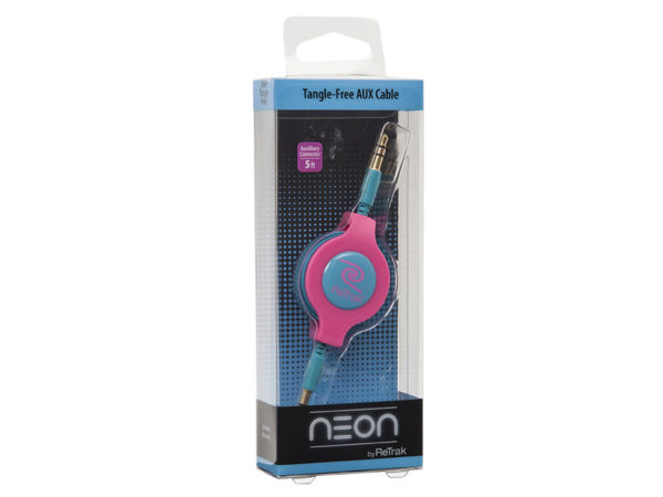 ReTrak 3.2 Foot Retractable Neon Pink & Blue Aux Audio Cable