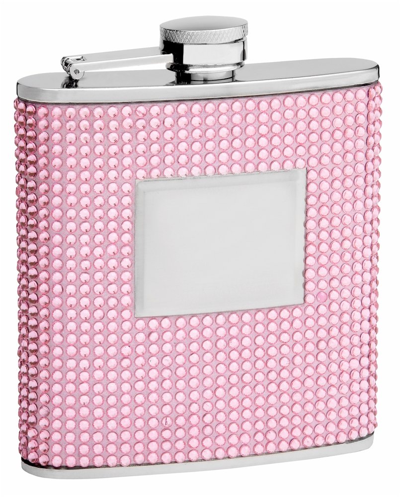 ''Hip Flask Holding 6 oz - Pink Beaded Rhinestone Finish, Stainless Steel, Screw-On CAP, Leakproof, R