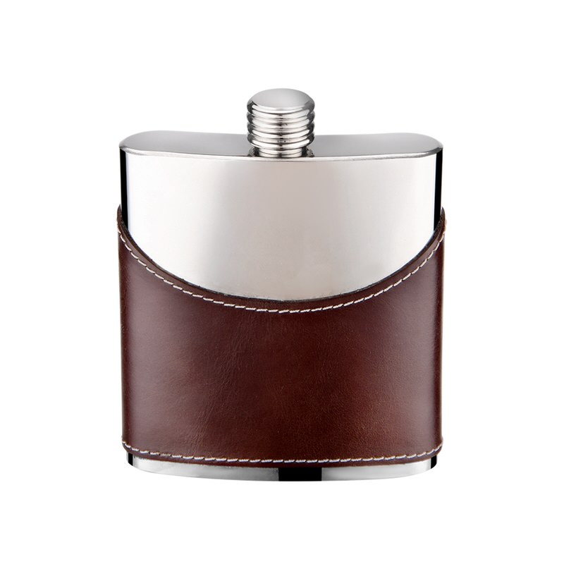 6oz Brown LEATHER Flask with Mirror Finish