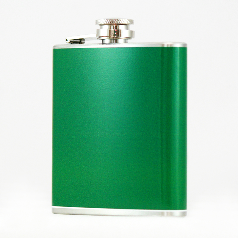 ''Hip Flask Holding 6 oz - POCKET Size, Stainless Steel, Rustproof, Screw-On Cap - Green Finish''