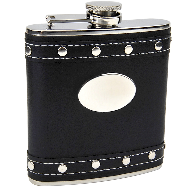 ''Silver Stud Black Faux LEATHER Hip Flask, Custom Engraved''