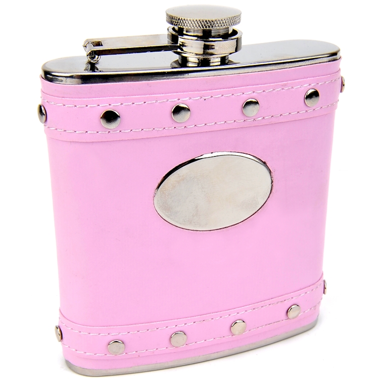 Engravable Silver Stud Hip Flask with Pink Faux LEATHER