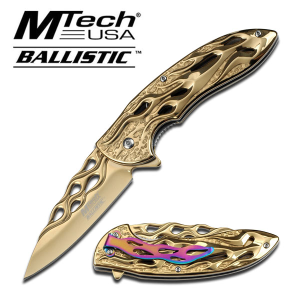 Gold Stainless Steel Knife with Flaming Cut Out Pattern