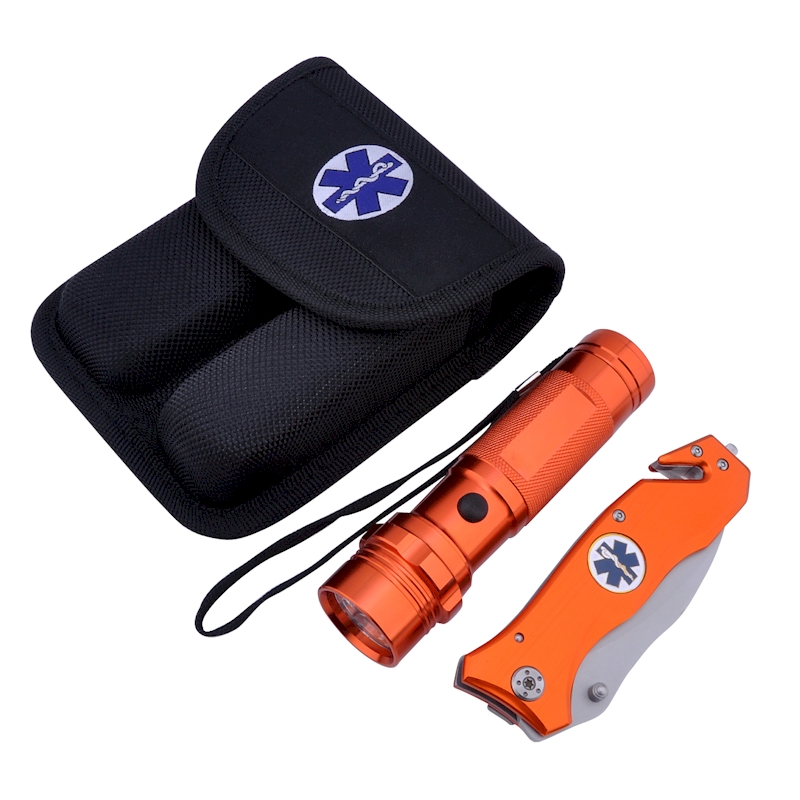 ''Survival KNIFE and Flashlight Set - Orange Finish - Emergency - LED Light - 3.5 Blade - Seat Belt C