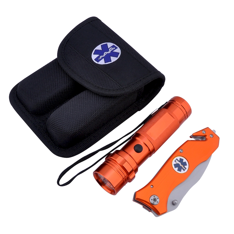 ''Survival Knife and FLASHLIGHT Set - Orange Finish - Emergency - LED Light - 3.5 Blade - Seat Belt C