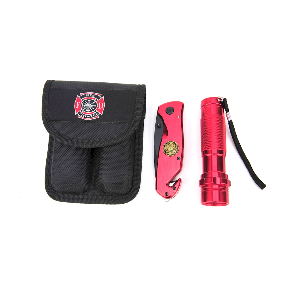 ''SURVIVAL KNIFE and Flashlight Set - Red Finish - Firefighter - LED Light - 3.5 Blade - Seat Belt Cu