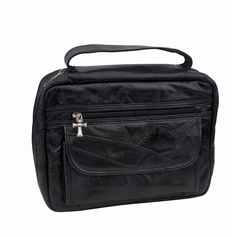 Bible Cover - Genuine LEATHER - Black - Cross Style Zipper Pulls and Extra Velcro Pockets - Carrying