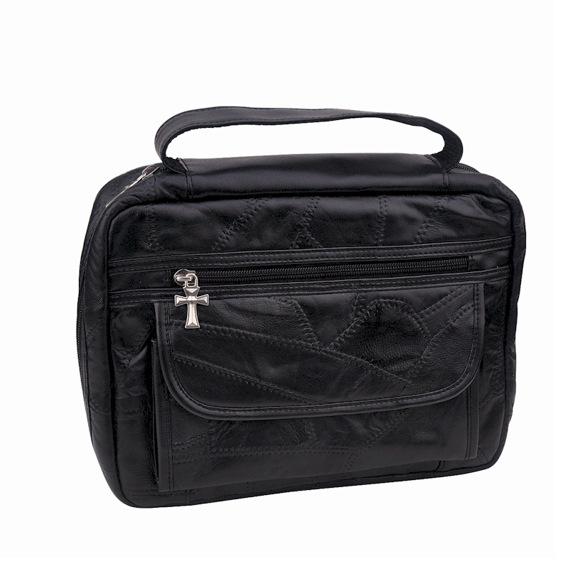 BIBLE Cover - Genuine Leather - Black - Cross Style Zipper Pulls and Extra Velcro Pockets - Carrying