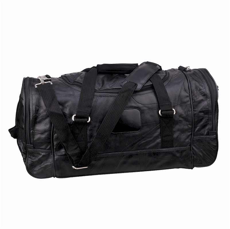 Duffel Bag - Genuine Mosaic LEATHER - Black - Main Compartment and 3 Zippered Pockets - 4 No-Slip Fe