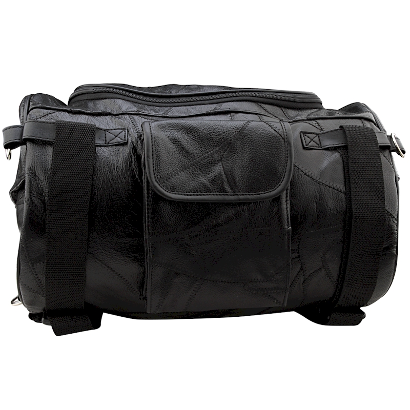 Motorcycle Bag - Barrel Style - All Genuine Black LEATHER - Fits Any US Bike - Extra Storage Pockets