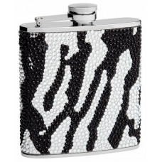 Rhinestone Hip Flask Holding 6 oz - Zebra Pattern Design - Pocket Size, Stainless Steel, Rustproof, Screw-On Cap - Black and White Finish