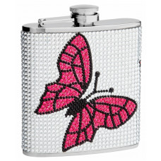 Genuine Rhinestones Hip Flask Holding 6 oz - Butterfly Design - Pocket Size, Stainless Steel, Rustproof, Screw-On Cap - White and Pink Finish