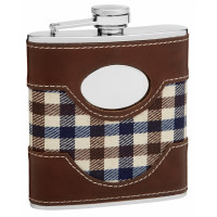Faux Leather and Cloth Hip Flask Holding 6 oz - Plaid Golf Design - Pocket Size, Stainless Steel, Rustproof, Screw-On Cap