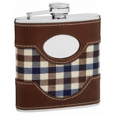 Faux Leather and Cloth Hip Flask Holding 6 oz - Plaid Golf Design - Pocket Size, Stainless Steel, Rustproof, Screw-On Cap