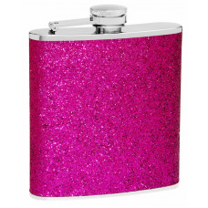 Hip Flask Holding 6 oz - Sparkly Glitter Design - Pocket Size, Stainless Steel, Rustproof, Screw-On Cap - Purple Finish - Black Gift Box Included
