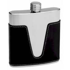 Leather Hip Flask Holding 6 oz - V Cutout Design - Pocket Size, Stainless Steel, Rustproof, Screw-On Cap - Black Finish Perfect for Engraving