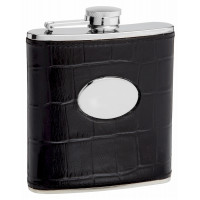 Leather Hip Flask Holding 6 oz - Eel Skin Pattern Design - Pocket Size, Stainless Steel, Rustproof, Screw-On Cap - Black Gift Box Included