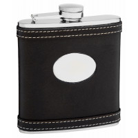 Leather Hip Flask Holding 6 oz - White Accent Stitching Design - Pocket Size, Stainless Steel, Rustproof, Screw-On Cap - Black Gift Box Included