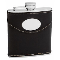 Leather Hip Flask Holding 6 oz - Pocket Size, Stainless Steel, Rustproof, Screw-On Cap - Black Finish Perfect for Engraving