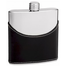 Cow Leather Hip Flask Holding 6 oz - Pocket Size, Stainless Steel, Rustproof, Screw-On Cap - Black and Mirror Polished Finish Perfect for Engraving